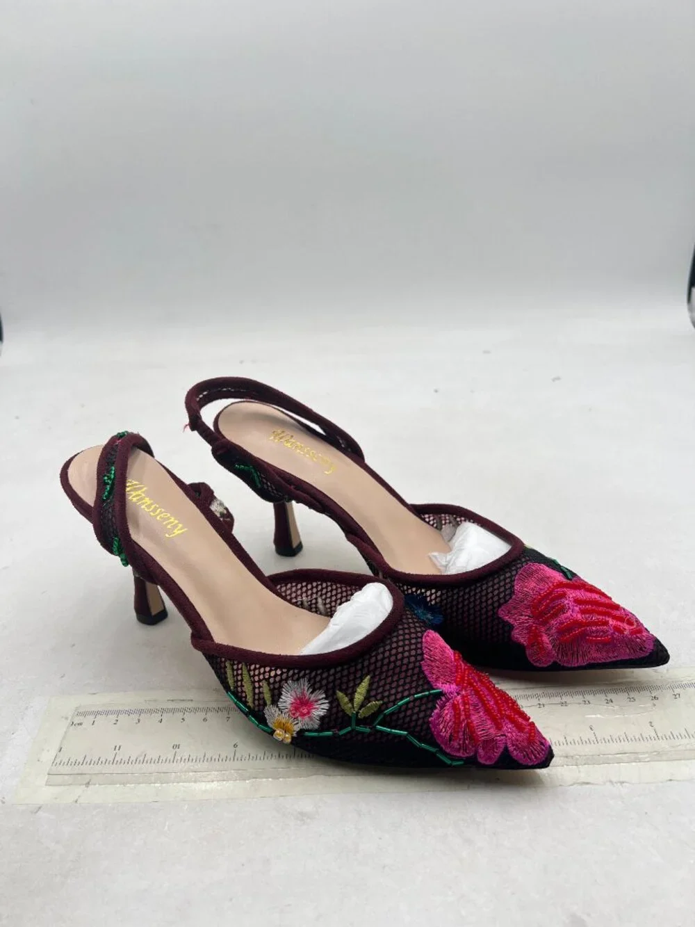 Miss left Dark Red Flower Embroidered Pointed Toe Slingback Pumps Slip on Sandal